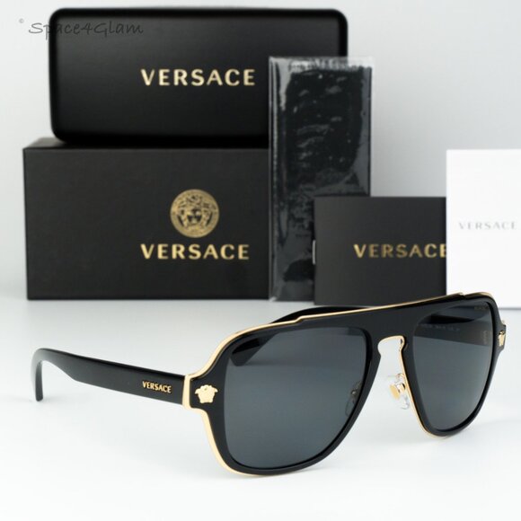 Versace Men Sunglasses Black Grey Polarized Aviator VE2199 100281 NEW AUTHENTIC - Picture 3 of 12